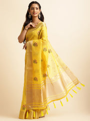 Yellow Cotton Silk Floral Embroidery Saree