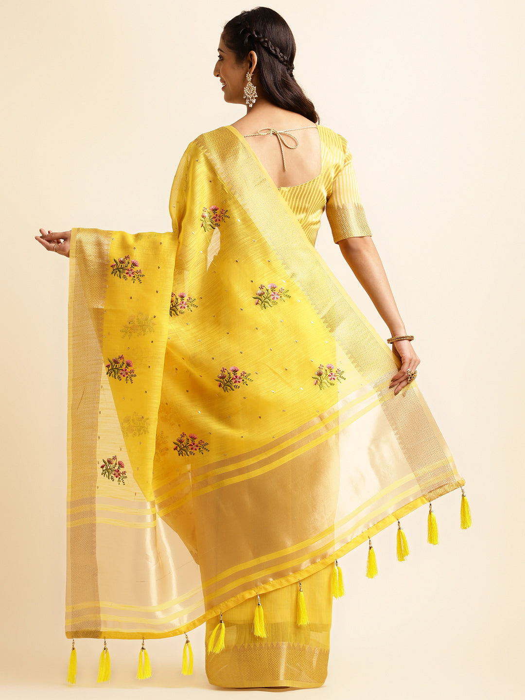 Yellow Cotton Silk Floral Embroidery Saree