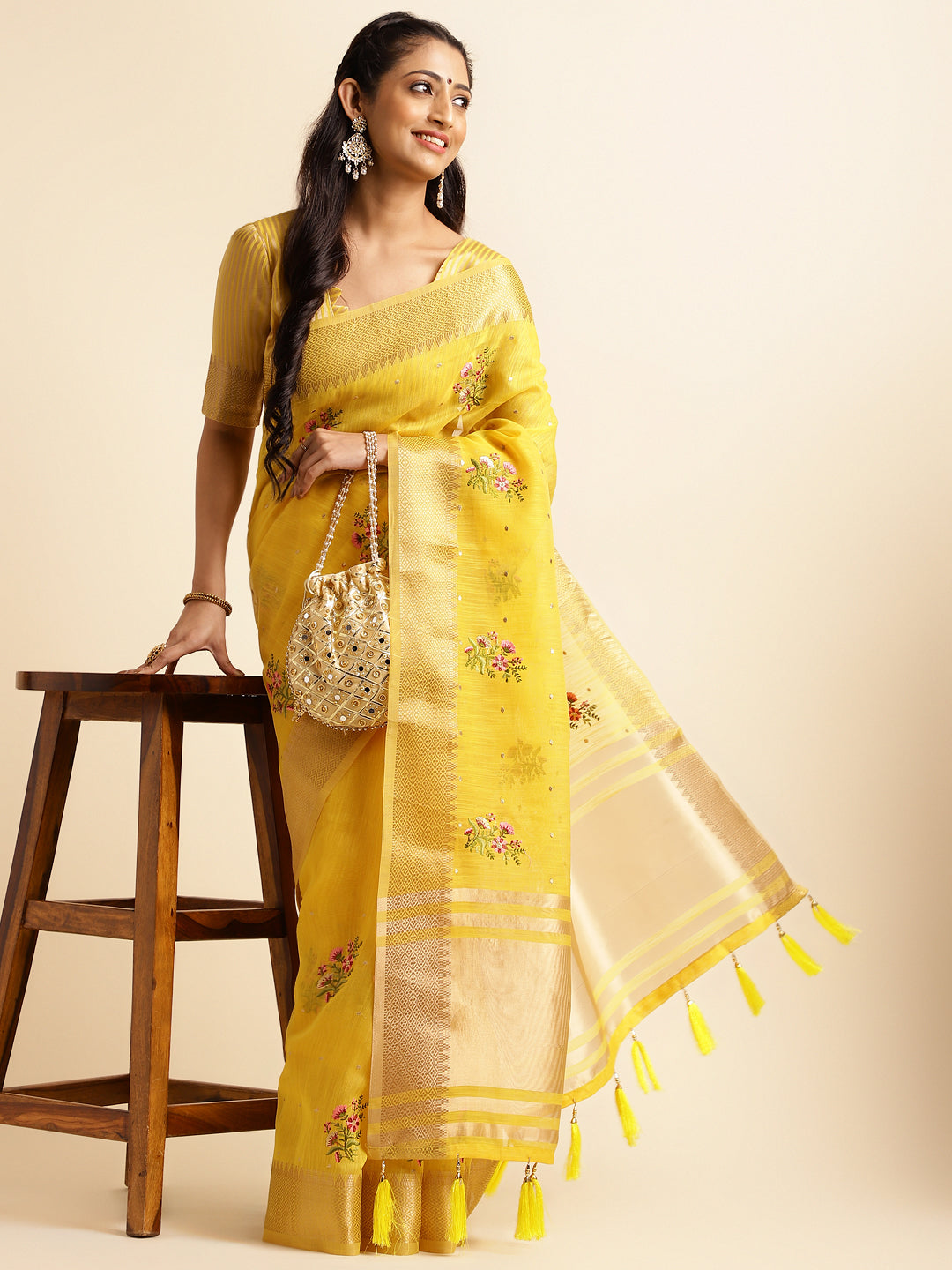 Yellow Cotton Silk Floral Embroidery Saree