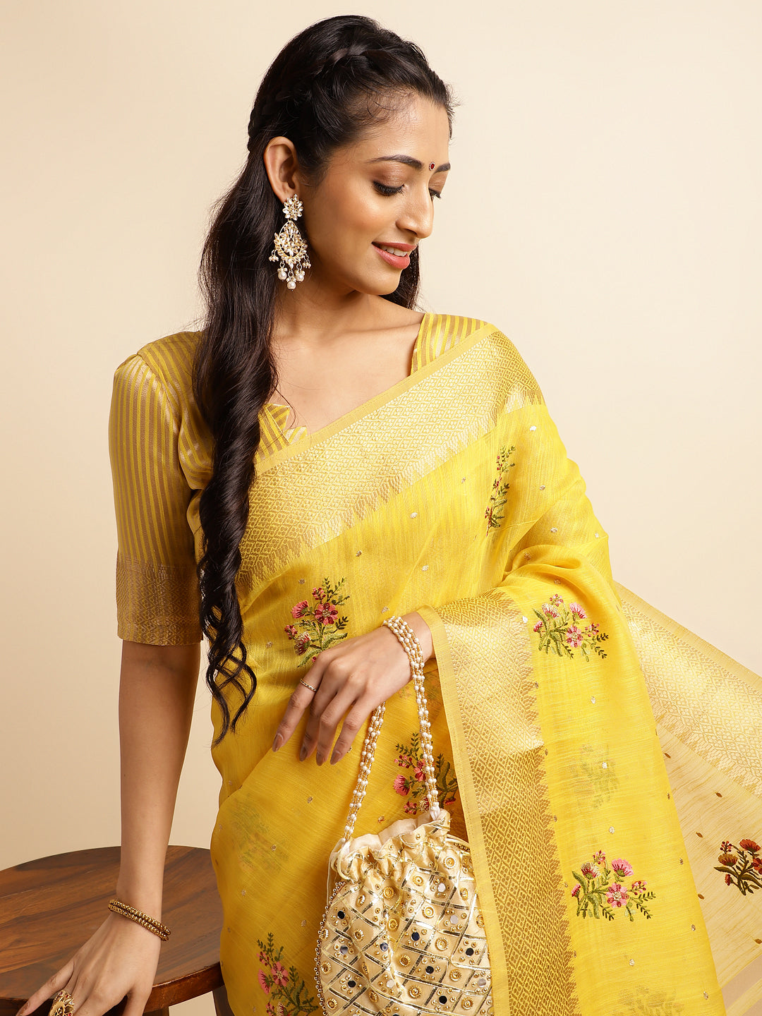 Yellow Cotton Silk Floral Embroidery Saree