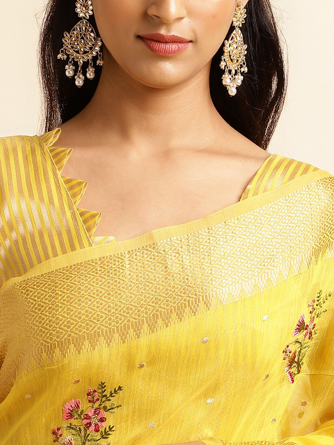 Yellow Cotton Silk Floral Embroidery Saree