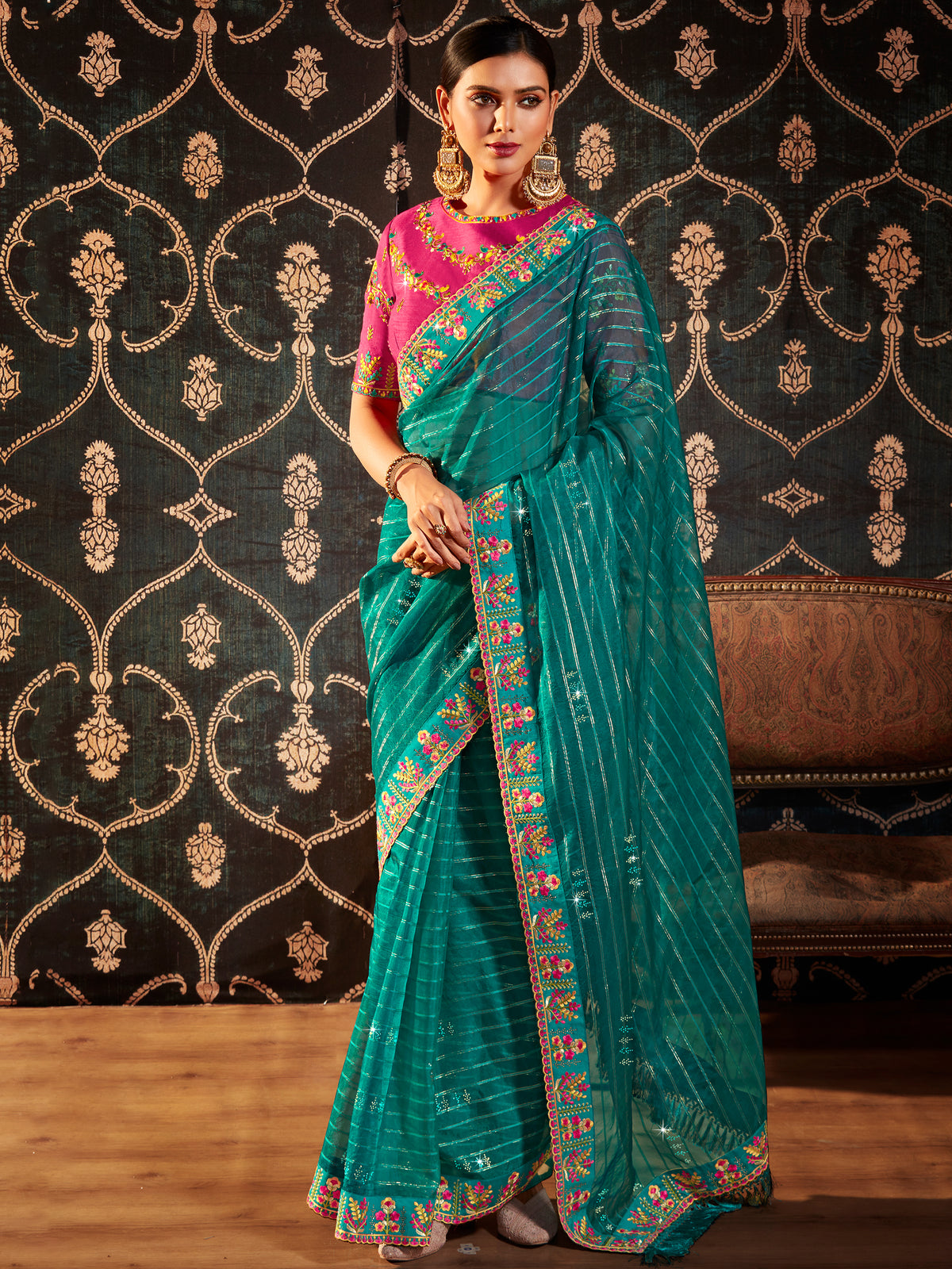 Turquoise Organza Embroidery Saree