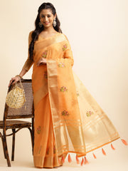 Orange Cotton Silk Floral Embroidery Saree