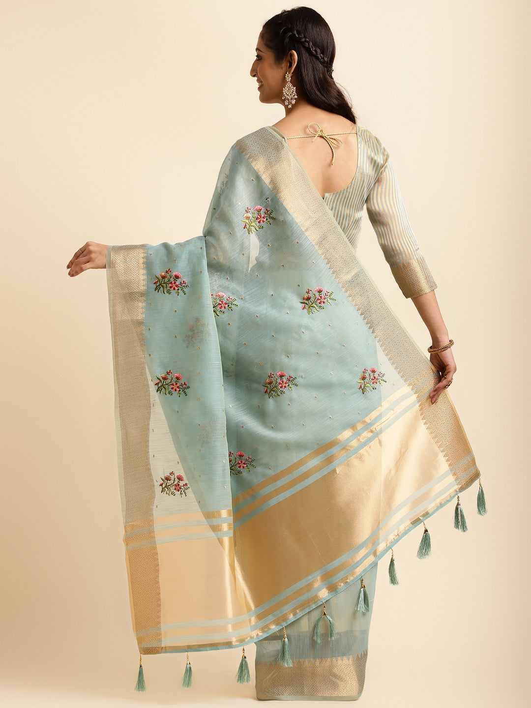 Blue Cotton Silk Floral Embroidery Saree