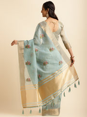 Blue Cotton Silk Floral Embroidery Saree