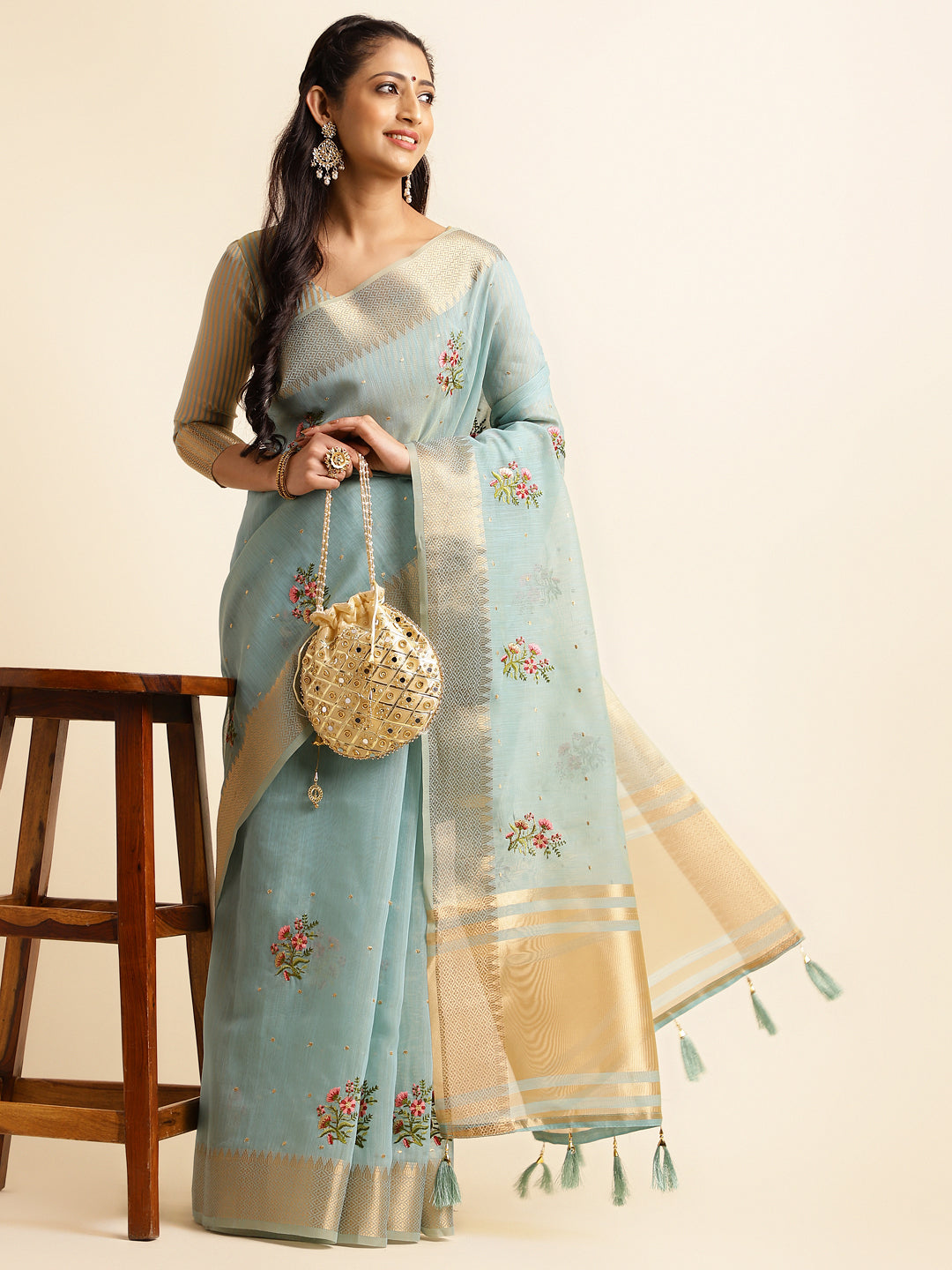 Blue Cotton Silk Floral Embroidery Saree