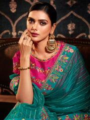 Turquoise Organza Embroidery Saree