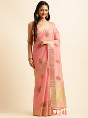 Pink Cotton Silk Floral Embroidery Saree