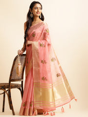 Pink Cotton Silk Floral Embroidery Saree