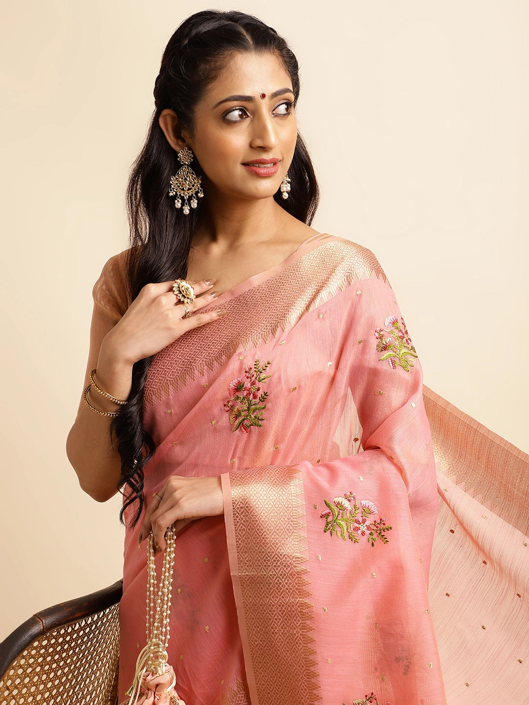 Pink Cotton Silk Floral Embroidery Saree