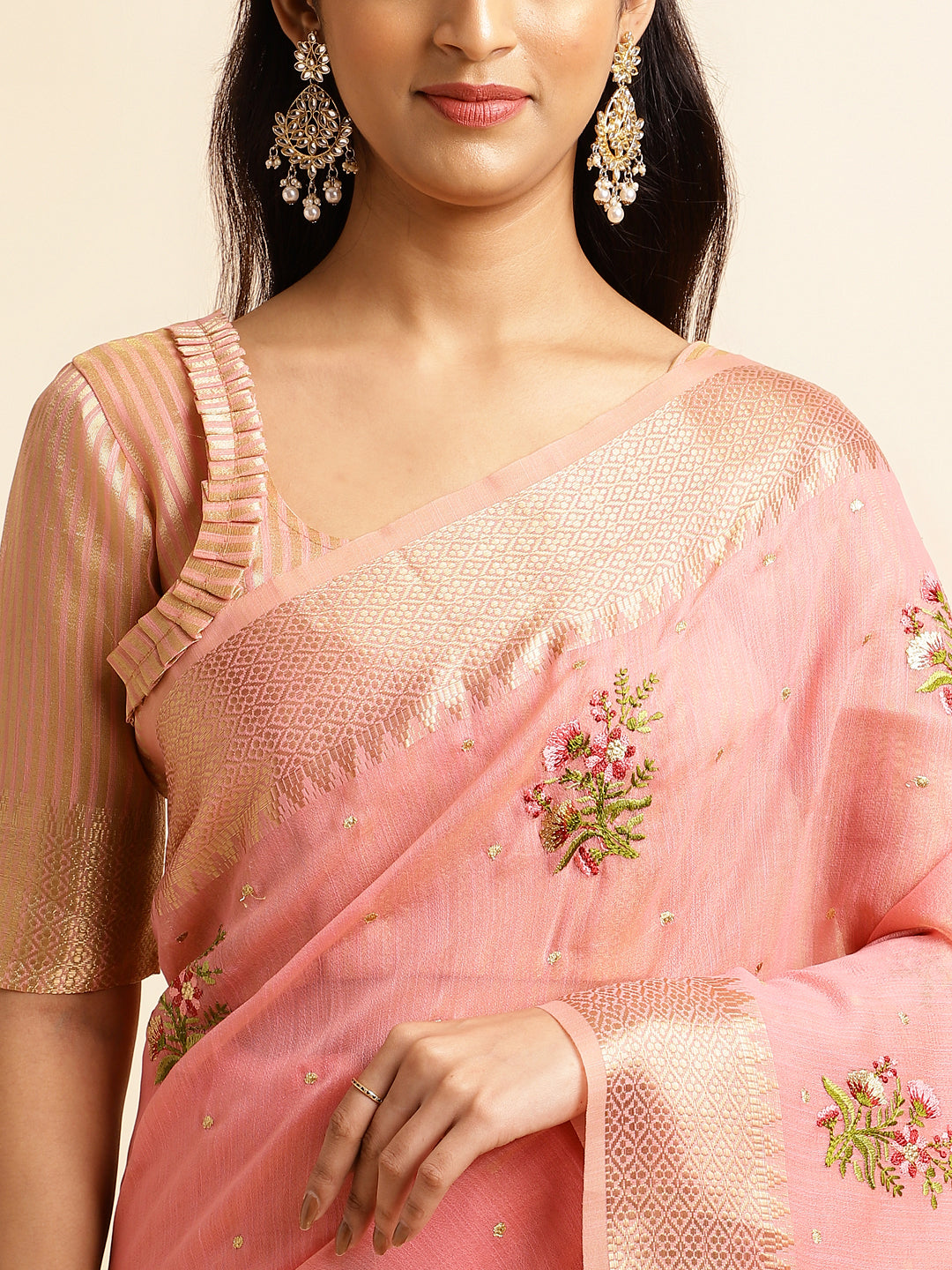 Pink Cotton Silk Floral Embroidery Saree