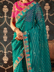 Turquoise Organza Embroidery Saree