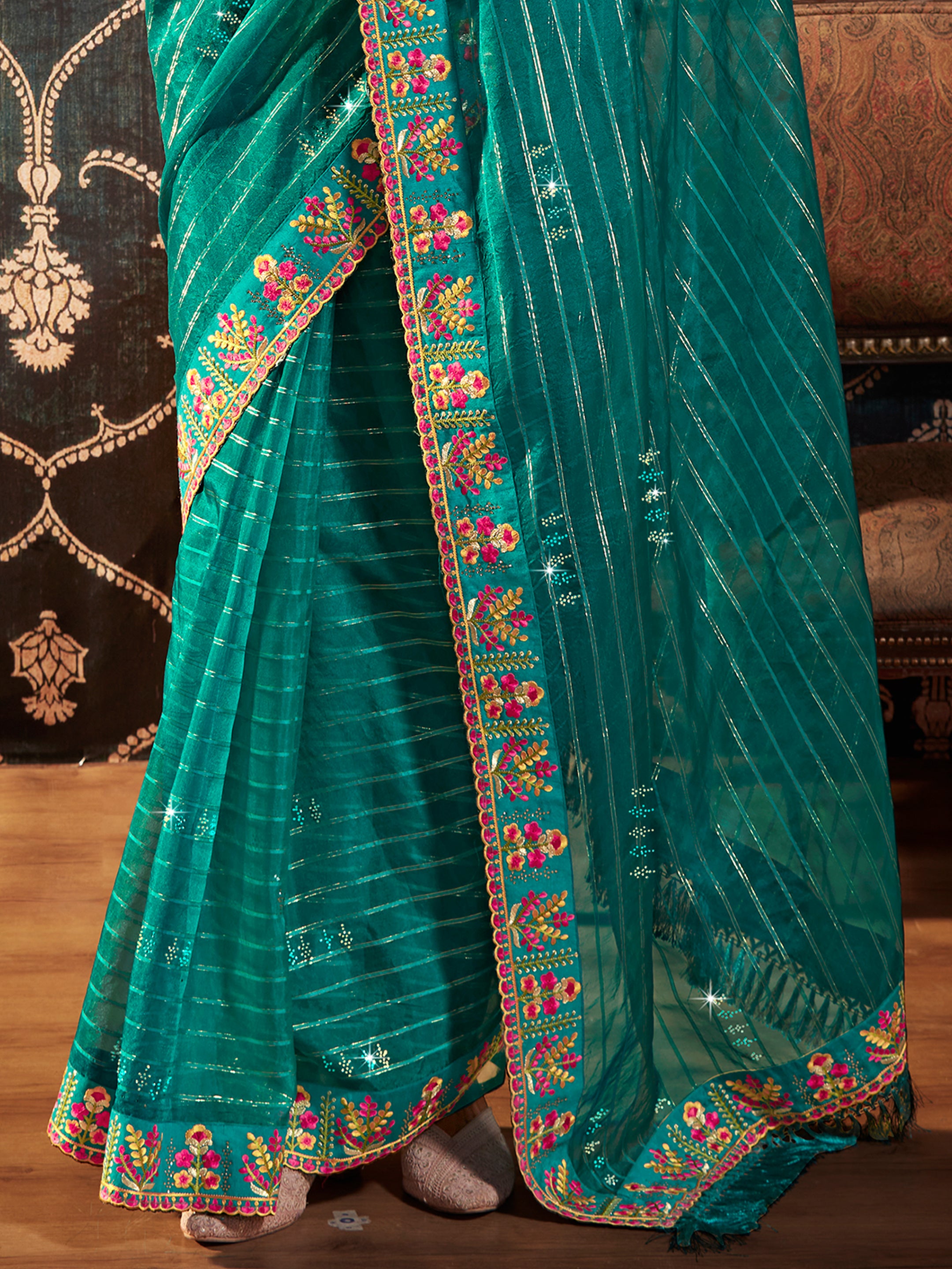 Turquoise Organza Embroidery Saree