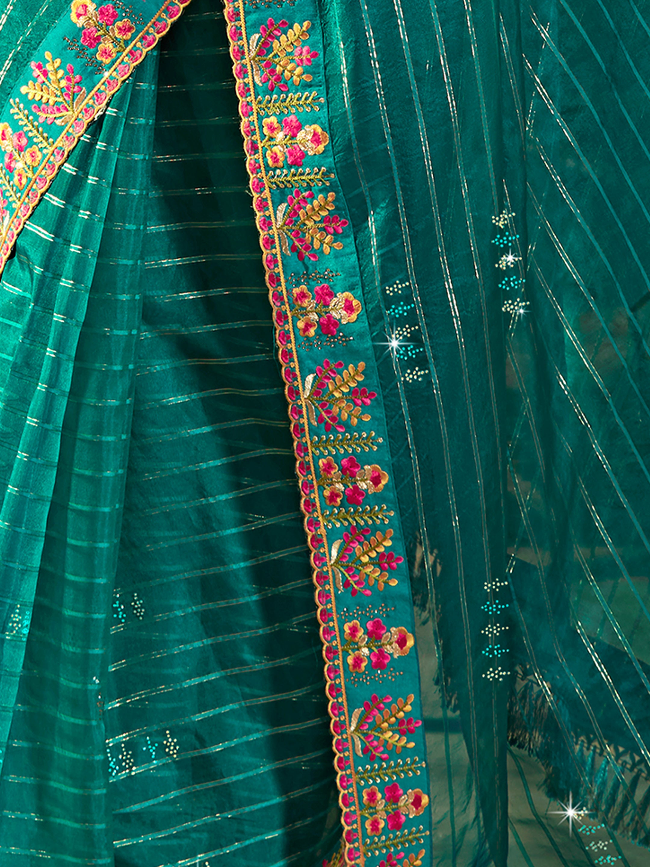 Turquoise Organza Embroidery Saree