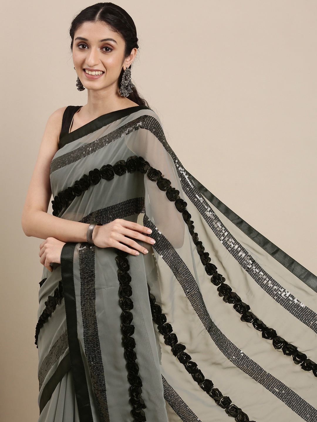 Black Designer georgette ribbon sequence saree