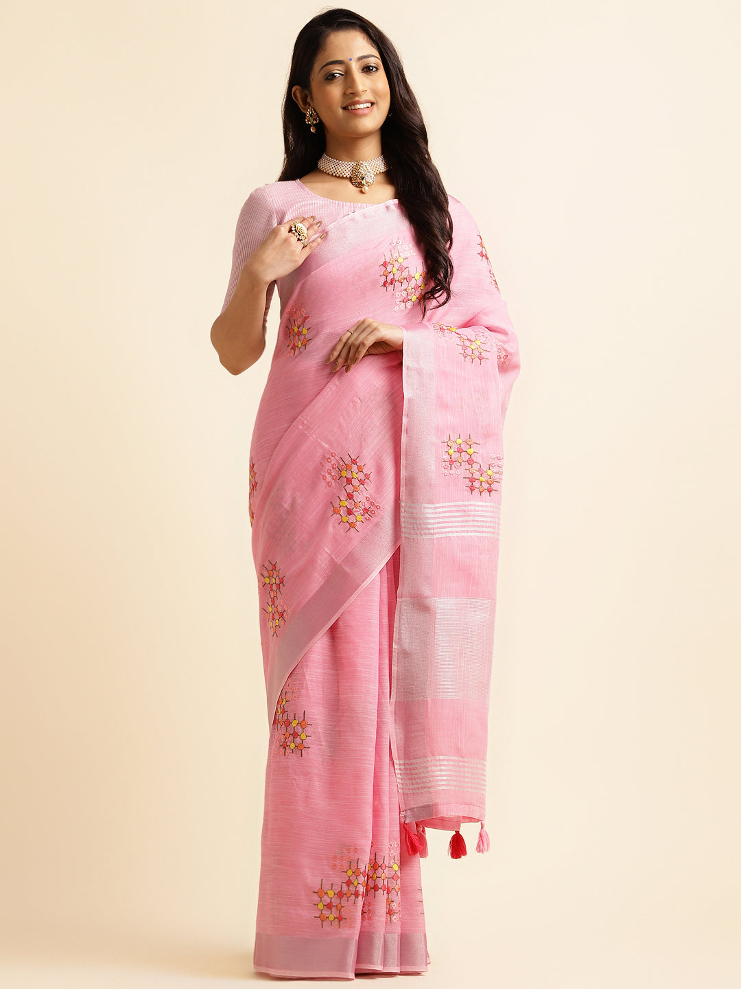 Baby Pink Linen Cotton Embroidery Saree