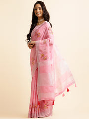 Baby Pink Linen Cotton Embroidery Saree