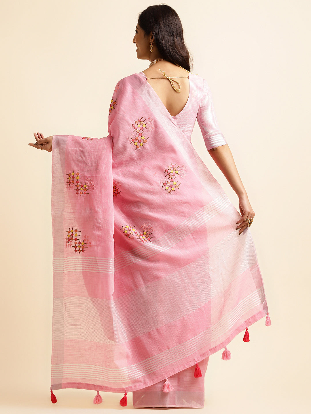 Baby Pink Linen Cotton Embroidery Saree