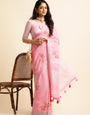 Baby Pink Linen Cotton Embroidery Saree