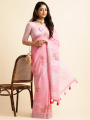 Baby Pink Linen Cotton Embroidery Saree