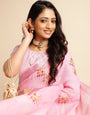 Baby Pink Linen Cotton Embroidery Saree