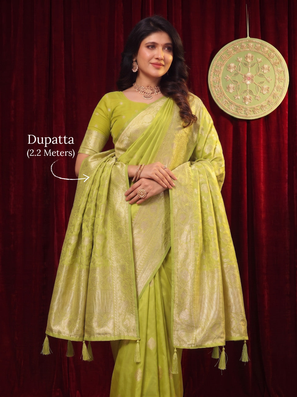 Parrot Green Banarasi Silk Saree With Dupatta