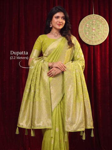 Parrot Green Banarasi Silk Saree With Dupatta
