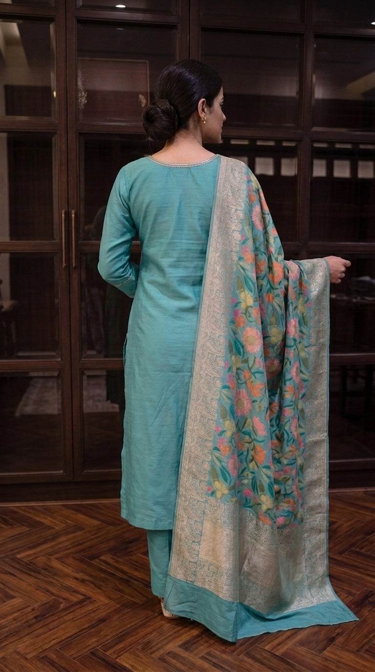 Ocean Blue Silk Embroidered Stitched Suit Set