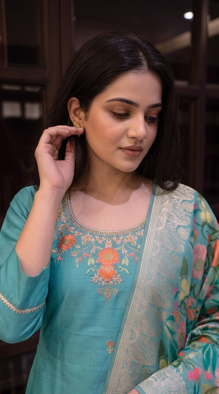 Ocean Blue Silk Embroidered Stitched Suit Set