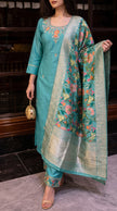 Ocean Blue Silk Embroidered Stitched Suit Set