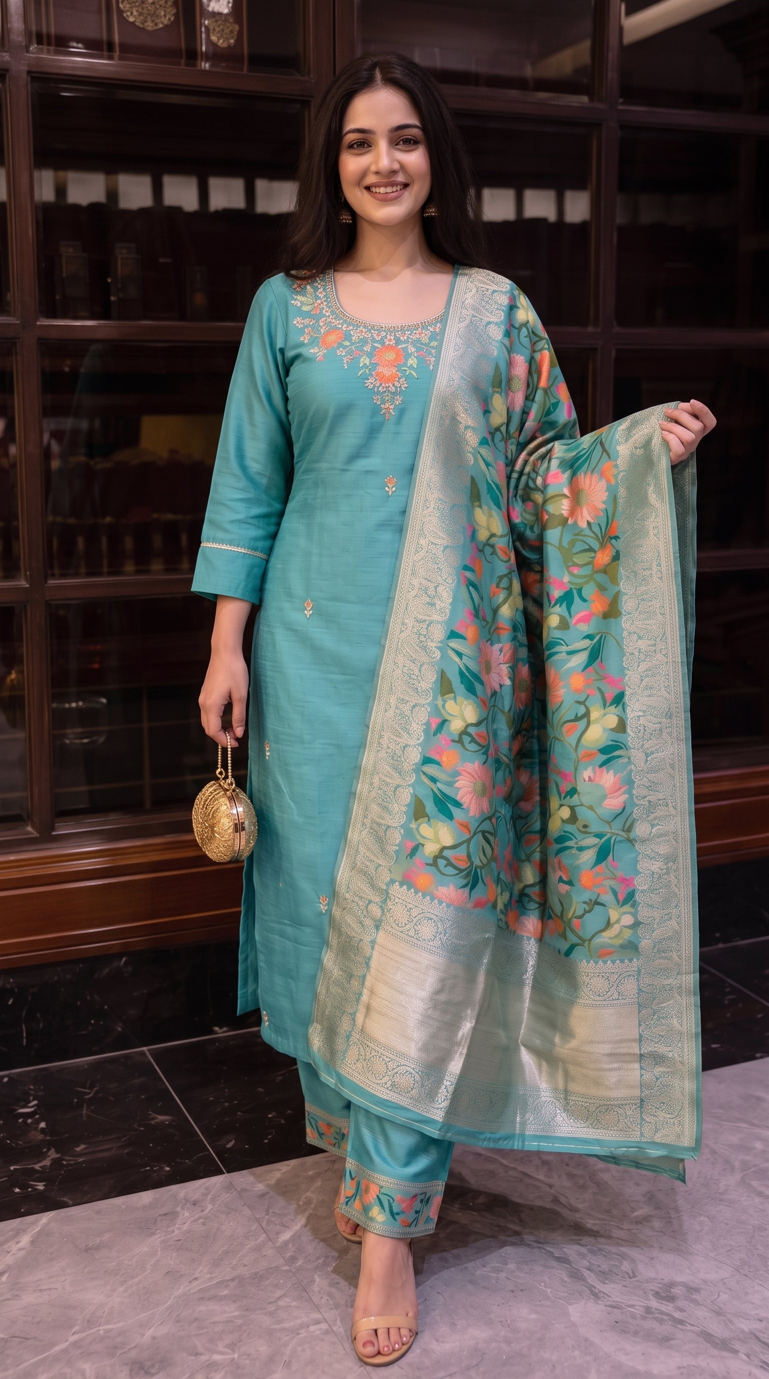 Ocean Blue Silk Embroidered Stitched Suit Set