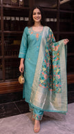Ocean Blue Silk Embroidered Stitched Suit Set