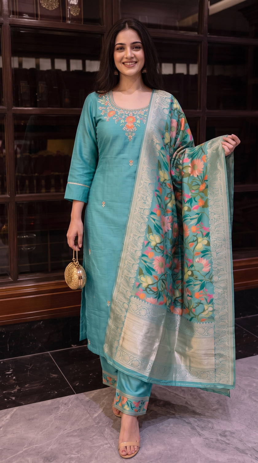 Ocean Blue Silk Embroidered Stitched Suit Set