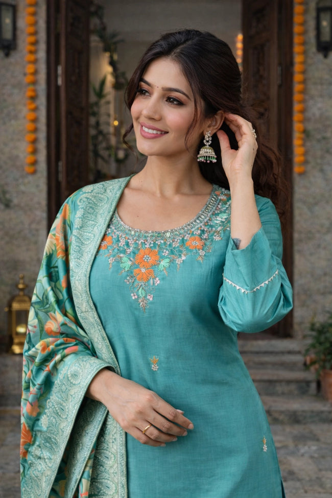 Ocean Blue Silk Embroidered Stitched Suit Set