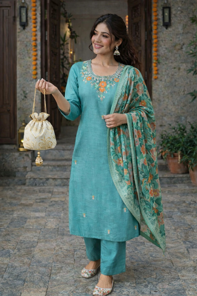 Ocean Blue Silk Embroidered Stitched Suit Set