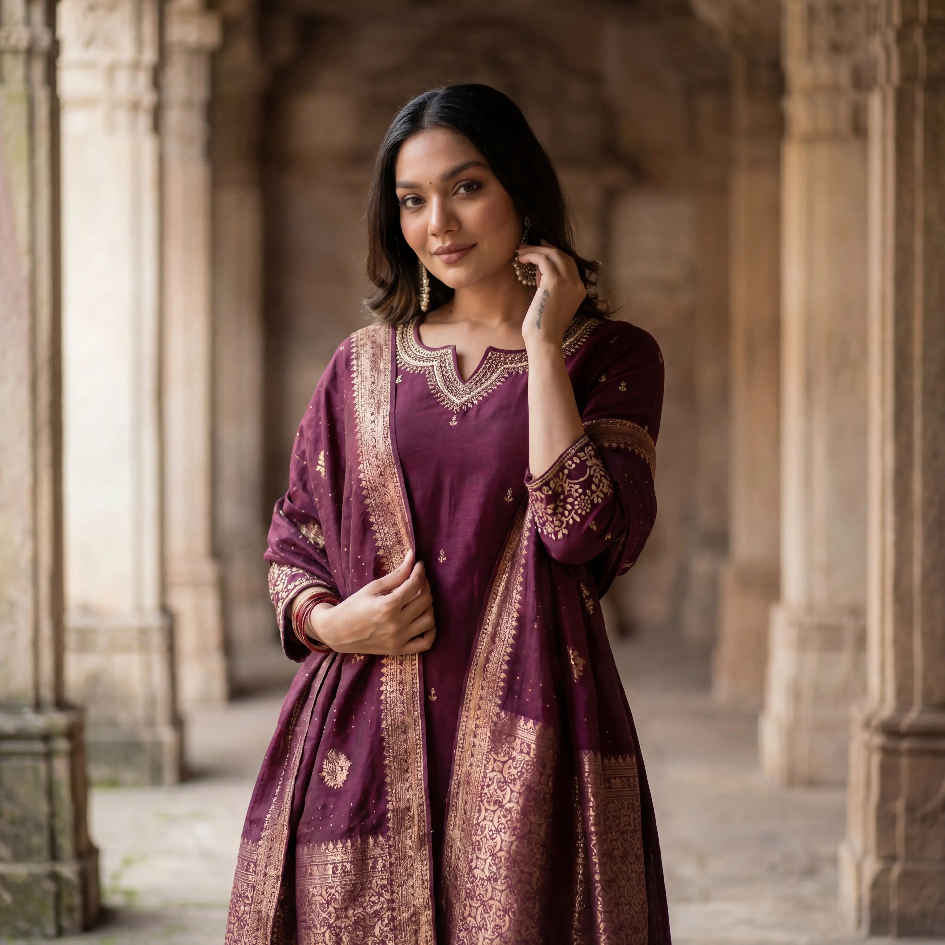 Wine Pure Cotton Jacquard Stitched Suit Set