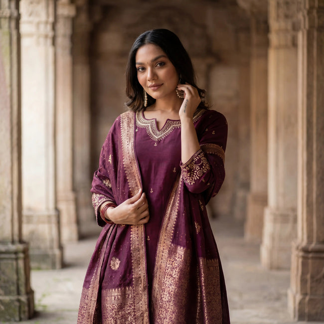 Wine Pure Cotton Jacquard Stitched Suit Set
