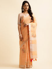 Orange Linen Cotton Embroidery Saree