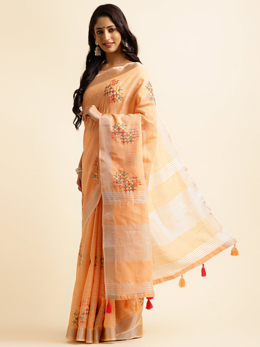 Orange Linen Cotton Embroidery Saree