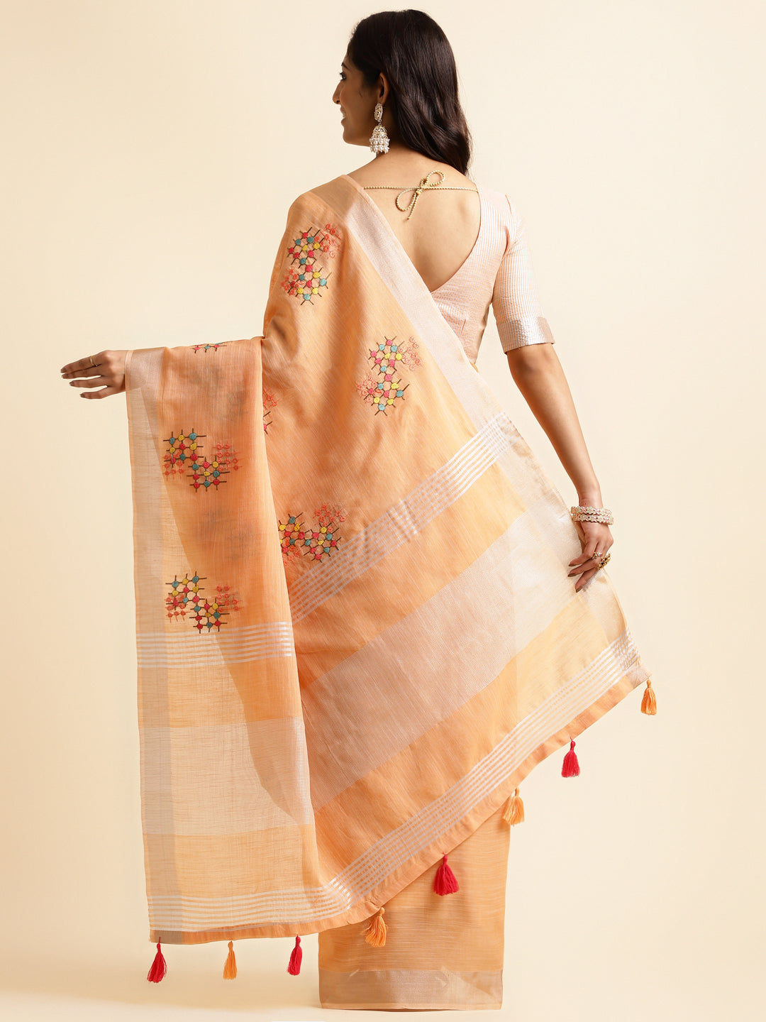 Orange Linen Cotton Embroidery Saree