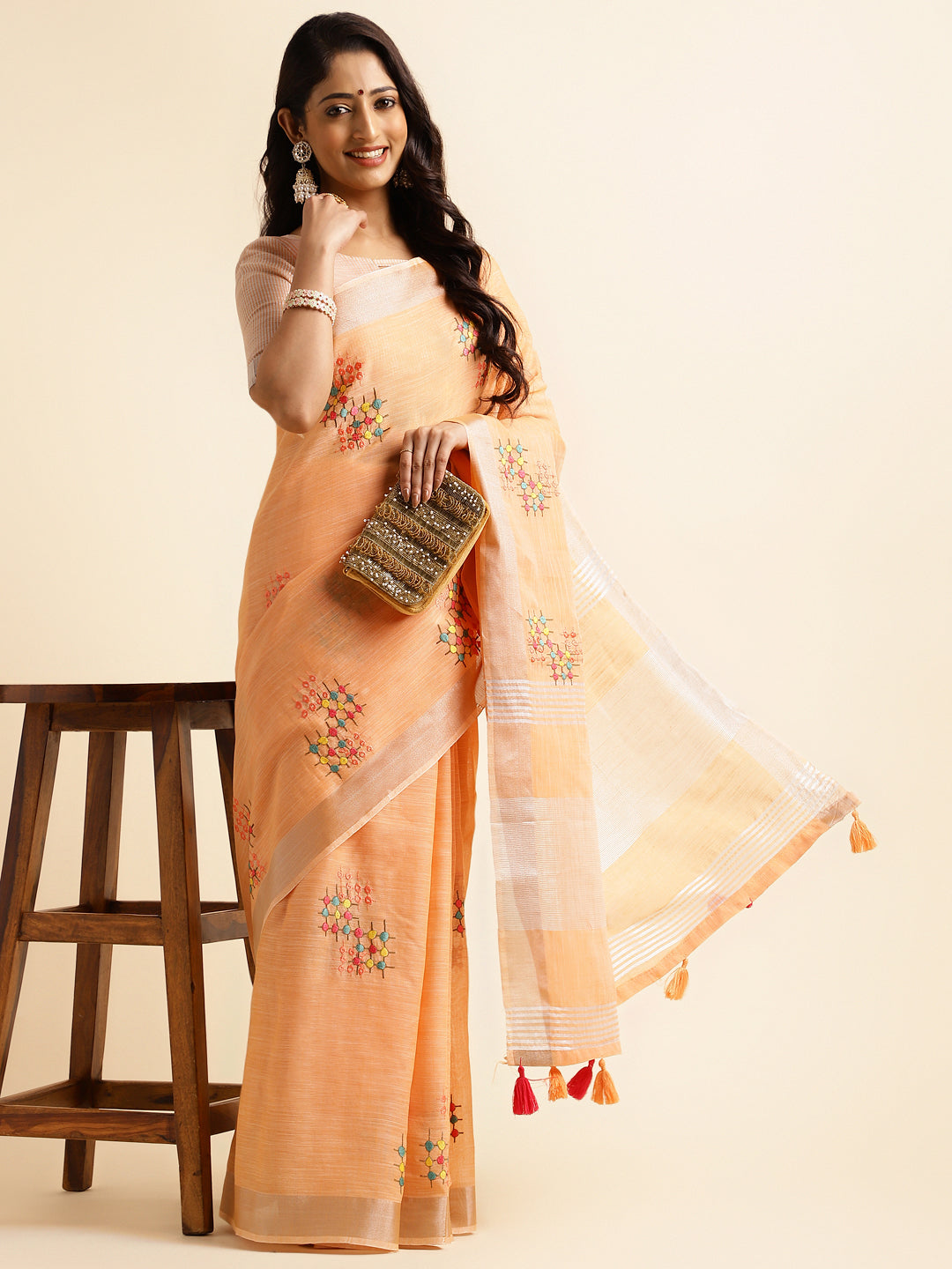 Orange Linen Cotton Embroidery Saree