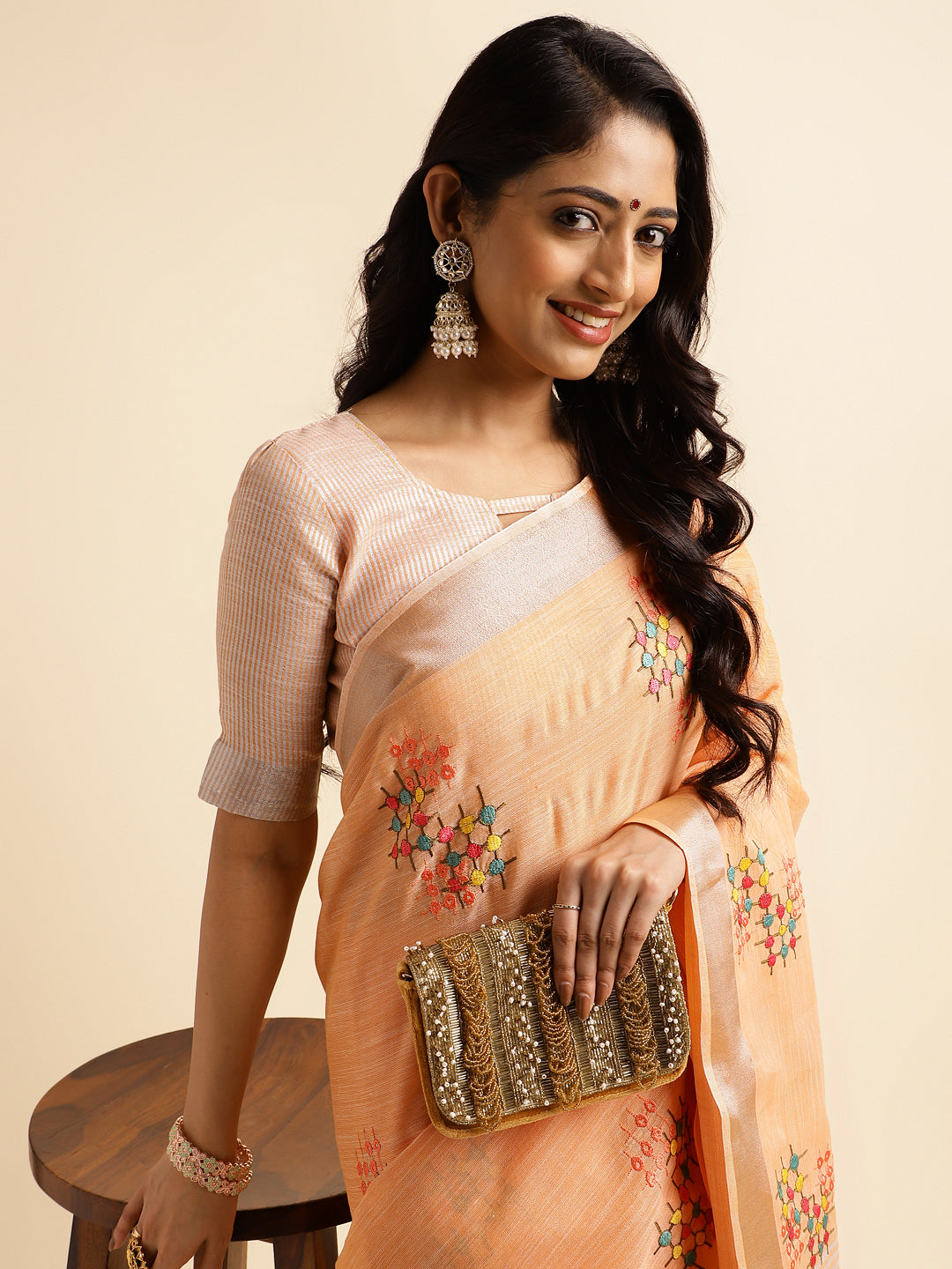 Orange Linen Cotton Embroidery Saree