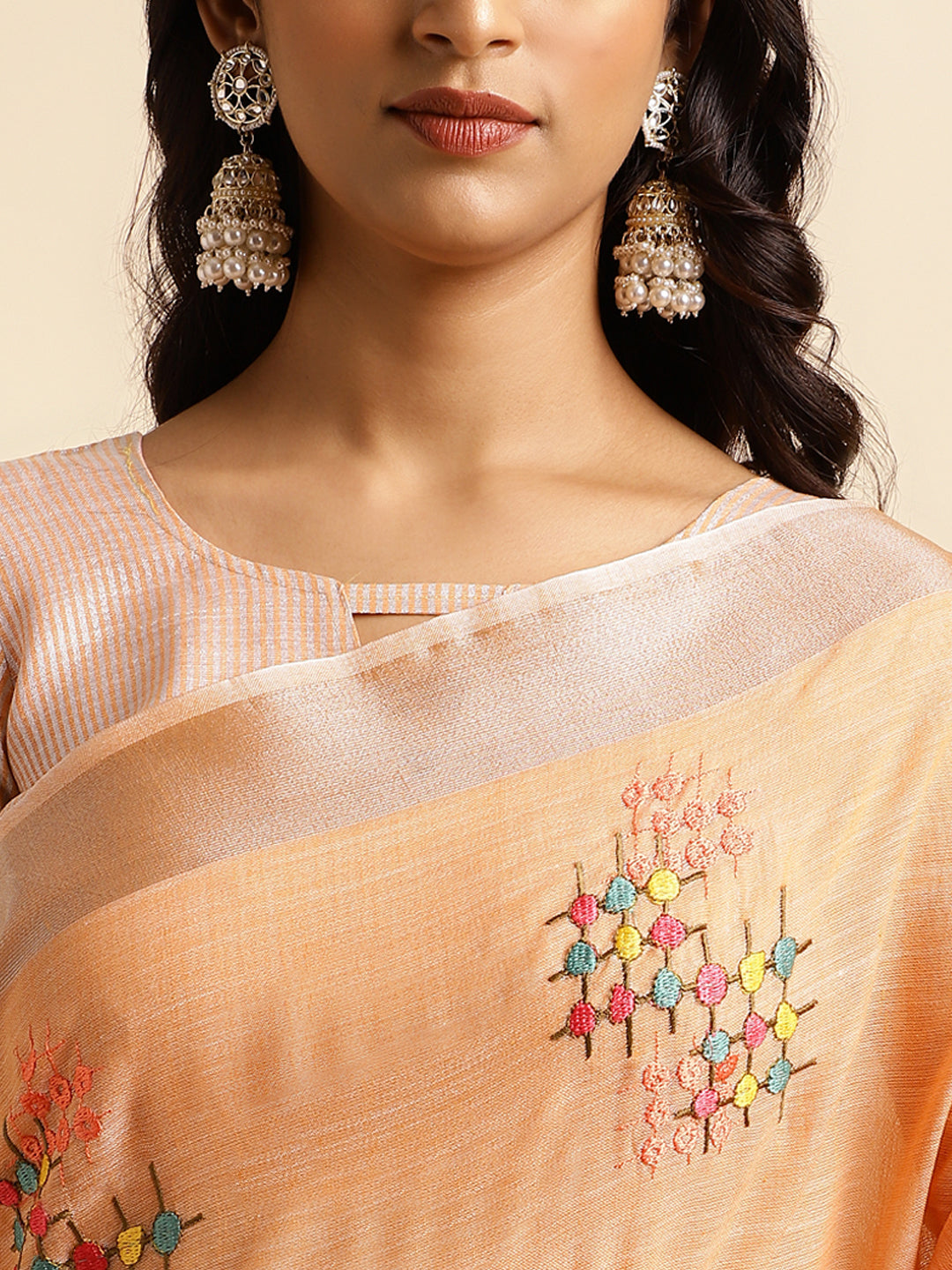 Orange Linen Cotton Embroidery Saree