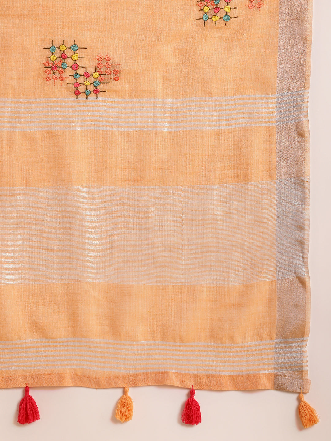 Orange Linen Cotton Embroidery Saree