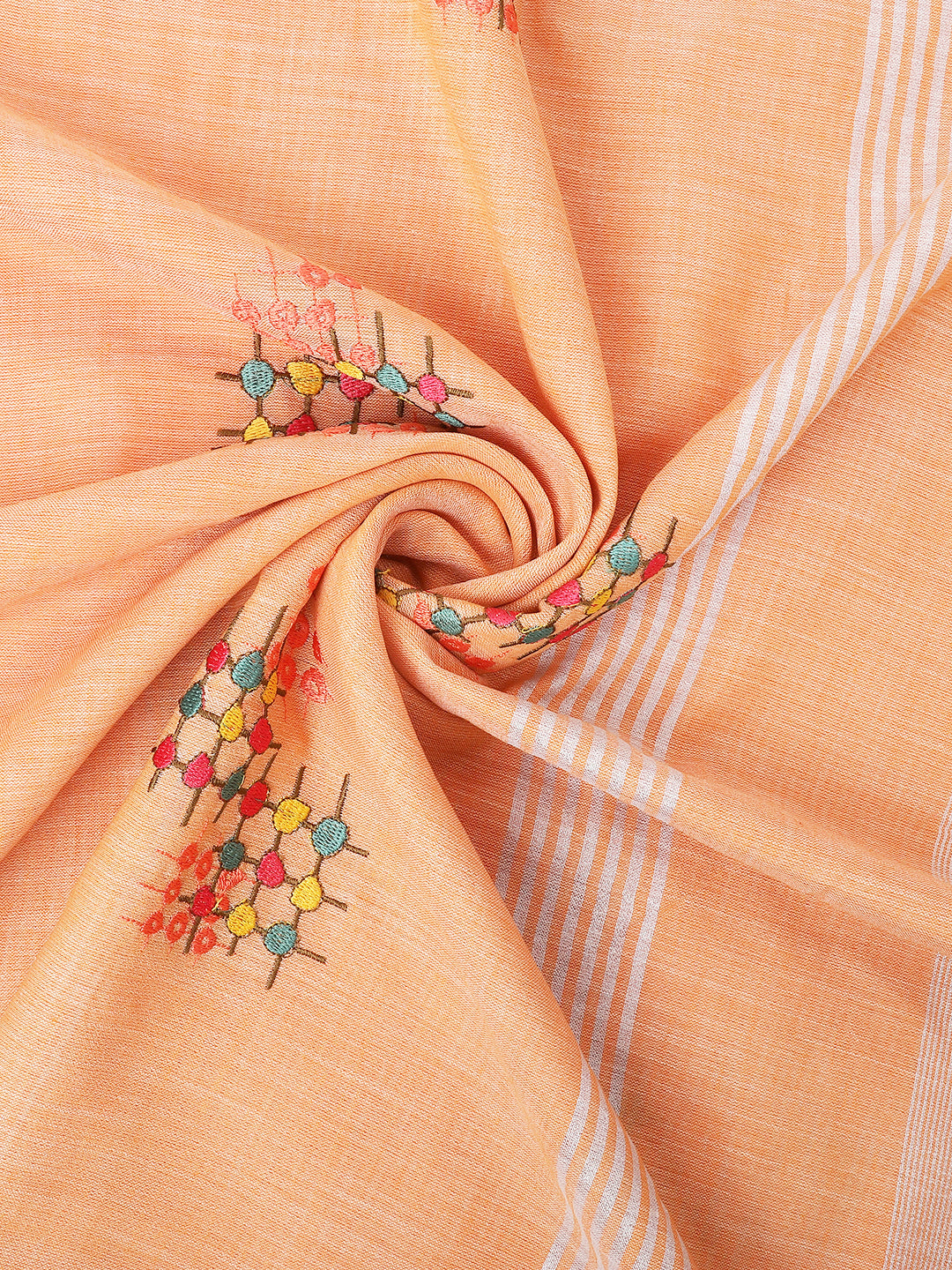 Orange Linen Cotton Embroidery Saree