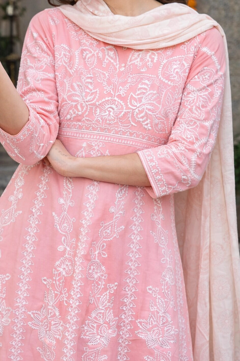 Pink Cotton Embroidered Stitched Suit Set