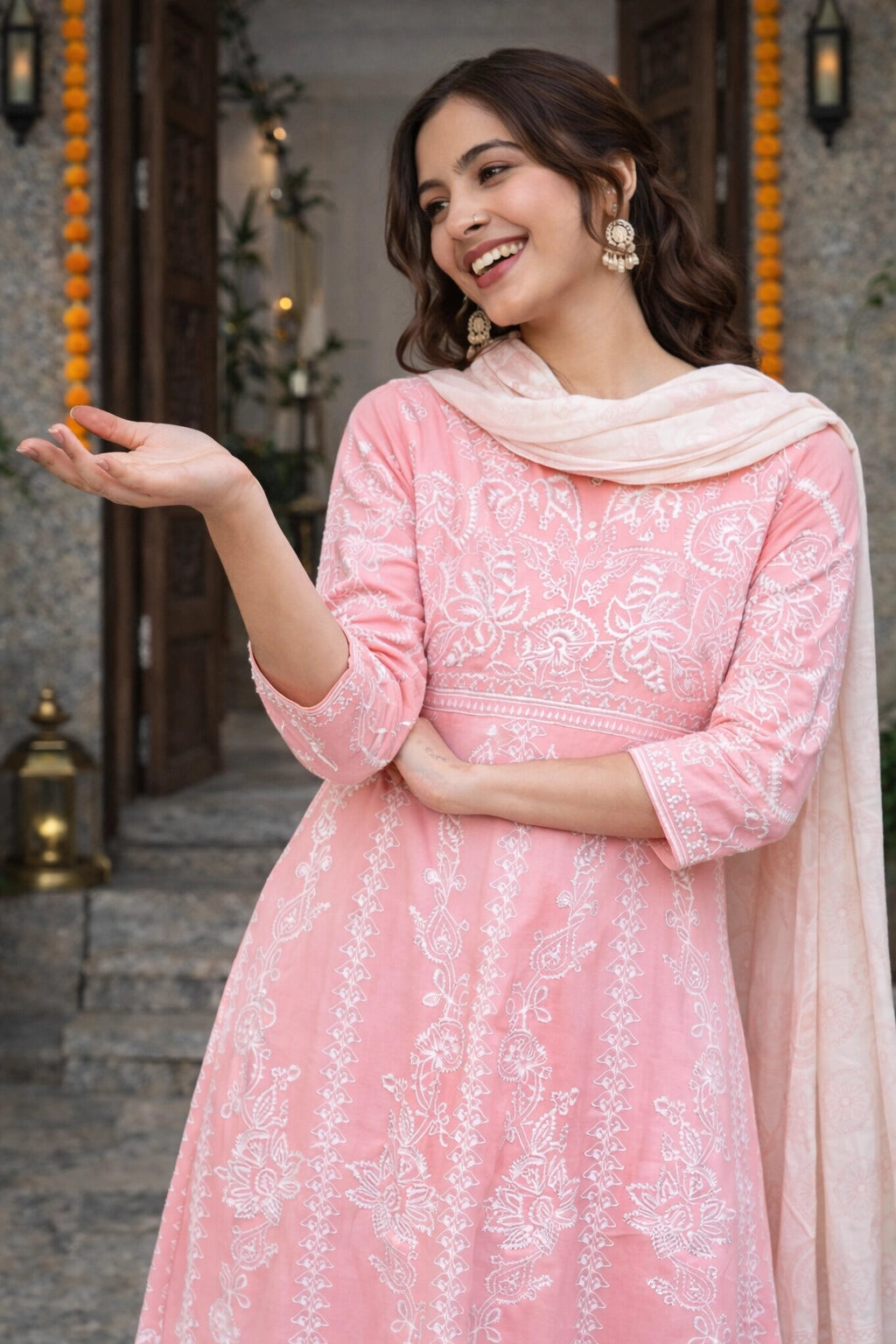 Pink Cotton Embroidered Stitched Suit Set