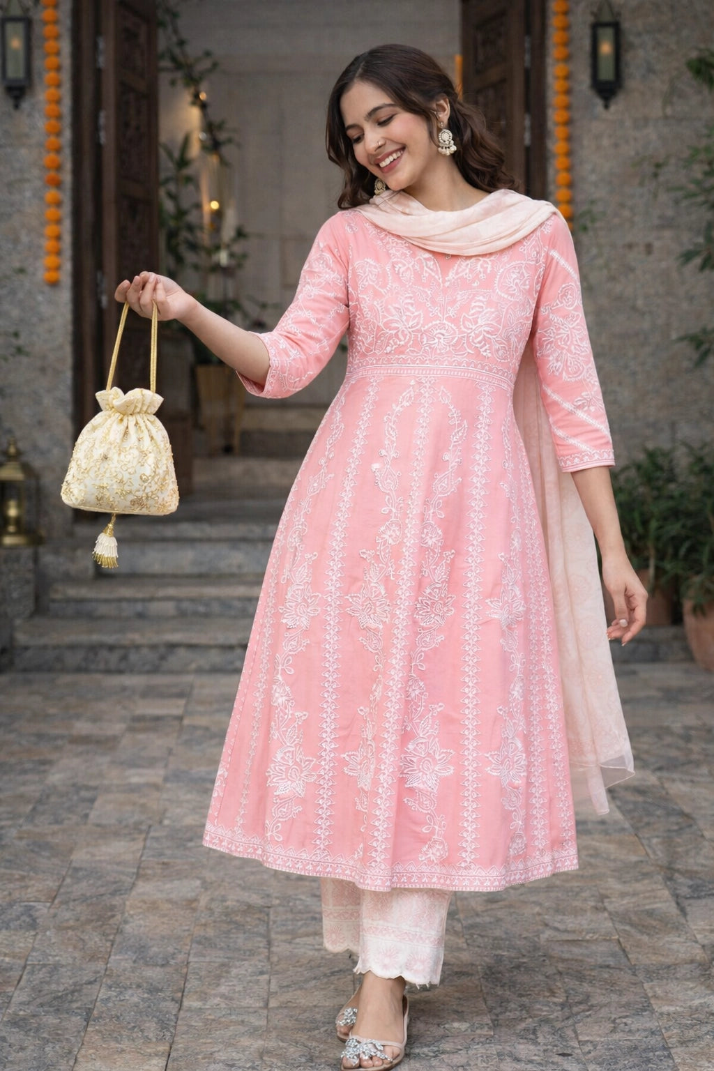 Pink Cotton Embroidered Stitched Suit Set