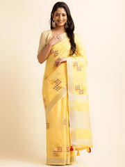 Yellow Linen Cotton Embroidery Saree