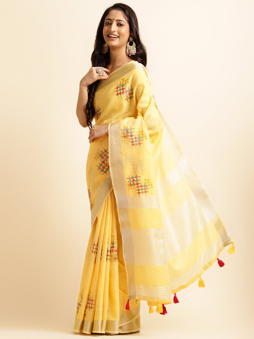 Yellow Linen Cotton Embroidery Saree